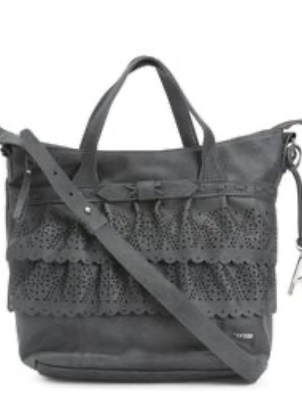Kensie Gray Laser-Cut Ruffle Leather Tote with Strap